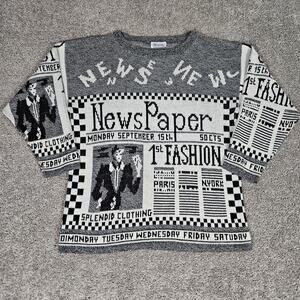 Vtg Brunny Newspaper Sweater Womens XL 1st Fasion AOP September 15th Indie